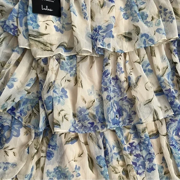 Lulus Arata Tiered Maxi Dress Small Beige Blue Floral Cutout Cottagecore Fairy - Picture 7 of 12